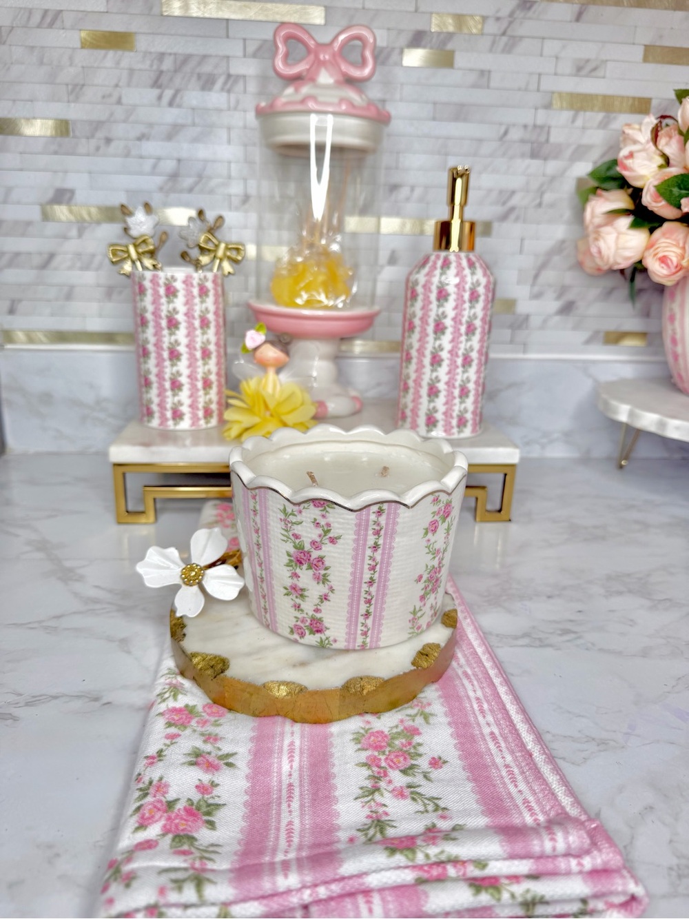Pink Floral Ceramic candle